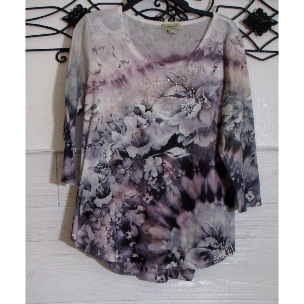 One World Women's Knit Top Size L 3/4 Sleeve Lavender Floral Round Neck